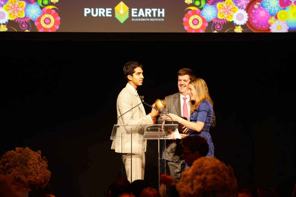 Pure Earth/Blacksmith Institute president Richard Fuller presents Dev Patel with his award at the inaugural Pure Earth benefit gala in NYC on April 26, 2014